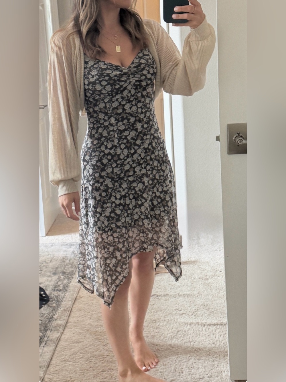 Asymmetrical Floral Slip Dress - dark grey Floral